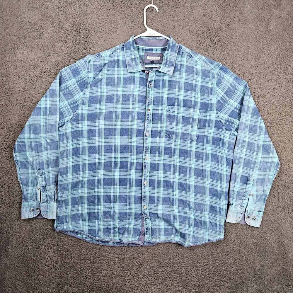 32 Bar Blues Mens XXL Plaid Button‎ Down Shirt Blue Teal Long Sleeve Cotton